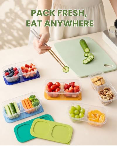 Snack Pack Containers for Kids, 5 Pack Reusable Snack Containers with Lids, 2 Compartment Small Bento Snack Box, BPA-Free Wheat Straw Lunchbox Accessories for School, Travel, Meal Prep - color: 5 Pack Gemstone Bright