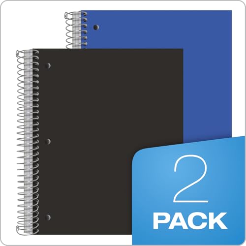 Oxford Spiral Notebooks, 3-Subject, College Ruled Paper, Durable Plastic Cover, 150 Sheets, 3 Durable Divider Pockets, 2 Pack, Blue and Black (10386)