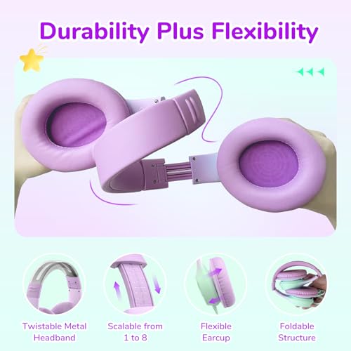 EarFun K3 Kids Headphones, Over Ear Headphones with Microphones, 85/94dB Volume Limit, HD Stereo Sound, Foldable Wired Headphone for School/Travel/Boys/Girls/Tablet/iPad (3.5mm Plug with Mic, Purple) - color: Purple