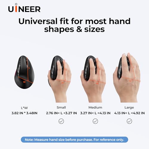 Uineer Vertical Ergonomic Mouse, Wireless Bluetooth Mouse, 3-Device | Switch among 3 devices via dual Bluetooth and 2.4G; rechargeable with 7-color ambient lighting. - color: Black
