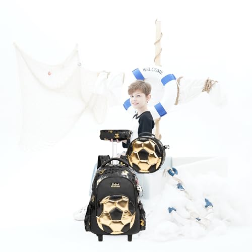 Kids Rolling Backpack Roller Backpack with Wheels Elementary Kindergarten School Students Football Trolley School Bag for School Boys - color: Football Black