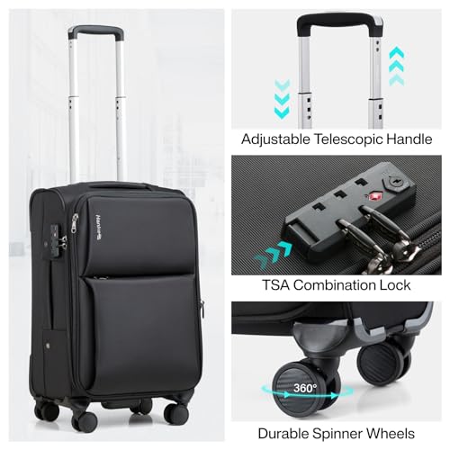 Hanke 3 Piece Luggage Sets Softside Expandable Carry On Luggage Set Travel Suitcase Sets with Spinner Wheels TSA Approved Luggage(Black, 20in/24in/28in) - color: Black, size: 3 Pc Set(20/24/28)