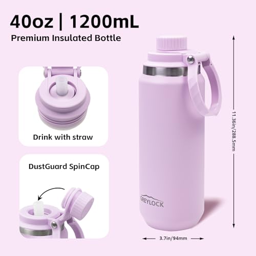 GREYLOCK 40 oz Insulated Water Bottle with Straw Lid, Leakproof Reusable Stainless Steel Vacuum Flask, 24hr Cold & Hot, Carry Handle & Silicone Spout, BPA-Free for Gym, Hiking, Travel,Purple - color: Lilac, size: 40 Ounces