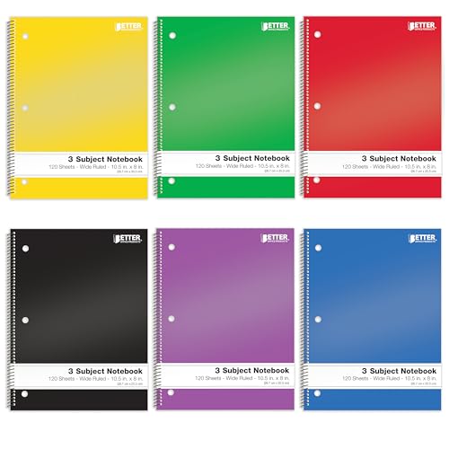 Better Office Products Spiral Notebooks 3-Subject, Wide Rule, 120 Sheet Notebook with Sturdy Pocket Dividers, 10.5 x 8 inches, 6 Assorted Primary Colors, 6 Pack