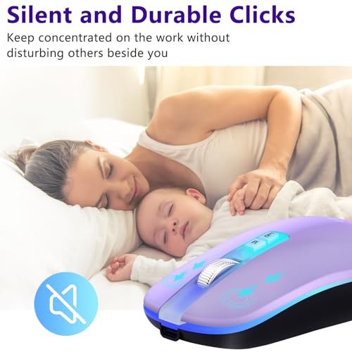 KARFUN Wireless Mouse, Backlit LED Portable Slim Computer Mouses for Laptop, PC, Computer, MacBook, iPad, Chromebook, Notebook, 2.4G Rechargeable Wireless Mouse (Light Purple)