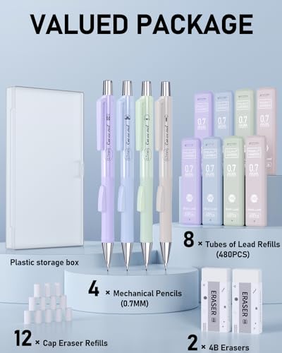Four Candies Cute Mechanical Pencil Set with Case, 0.7 mm | 4PCS Pastel Aesthetic Mechanical Pencils with 480PCS HB Lead Refills, 2 Erasers, 12 Eraser Refills School Supplies - size: 0.7MM