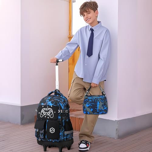 Scothen Rolling Backpack for Boys, Cool Luminous Gamer Roller School Backpacks for Boys with Lunch Bag and Pencil Pouch, Kids Backpack Bookbag with Wheels for Kindergarten Elementary Middle School - color: Blue