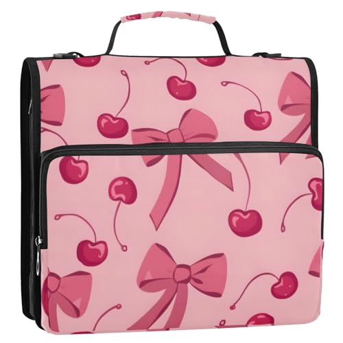 Bow Cherry Pink Zipper Binder Bag 3 Ring Binder with Shoulder Strap Zip Up 500 Sheets Capacity Multi Pockets for School Office Supplies - color: Multi1499, size: Fit 500 Sheets