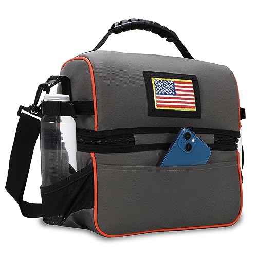 MIER 2 Compartment Lunch Bag Tote with Shoulder Strap for Men and Women Insulated Leakproof Cooler Bag, Grey/Orange - color: Grey/Orange