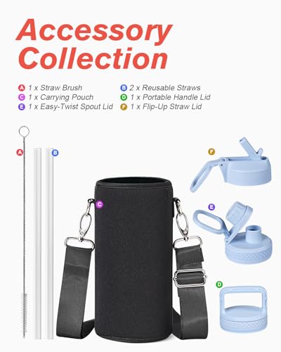 Coolflask 32 oz Water Bottle Insulated with Straw & 3 Leakproof Lids | Water Flask Stainless Steel Triple-Wall Vacuum,Cold 52+h, Dishwasher Safe,Wide Mouth,BPA-Free,Carrier Bag,for Gym,Hiking - color: Light Blue, size: 32 Ounces