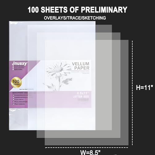 Tracing Paper 8.5x11 inch, 100 Sheets Transparent Vellum Paper for Tracing Pads, 32lb/50gsm Translucent Tracing Paper for Pencil, Marker and Ink,Trace Images, Sketch, Preliminary Drawing, Overlays.