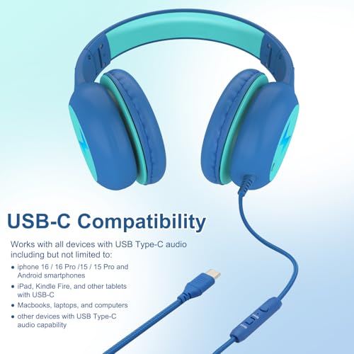 Voopwink 마이크가 있는 아동용 헤드폰, USB 타입 C 헤드폰, 어린이 여아 남아용 코드/LED 조명/85/94dB 볼륨 제한, 학교/여행/태블릿/아이패드용 휴대용 오버 이어 헤드폰 - color: 블루.