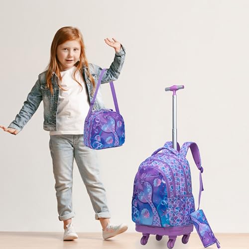 Kids Rolling Backpack for Girls Mermaids Suitcases Trolley Roller Luggage Backpacks with 360° Rotating Wheels 15" Laptop Lunch Box Pencil Case for Elementary 18" Travel School Bag Purple - color: Purple-yuwei-1220