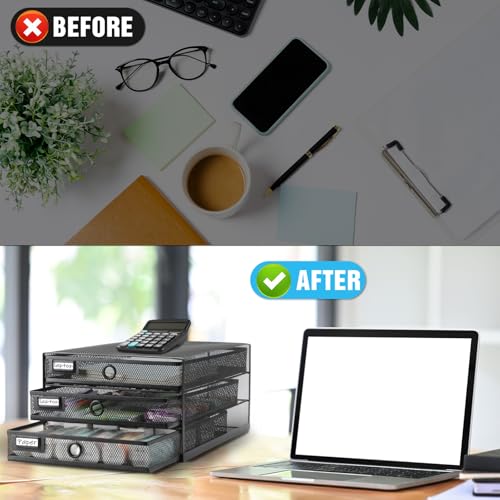 Zhanmai 1 Pack Black Desk Organizer with Drawer Total Wire Mesh Storage Tray Multifunctional Paper Sorter File Stand for Home Office Supplies Letter A4 Paper Office Accessories Back to School (3 Tier)