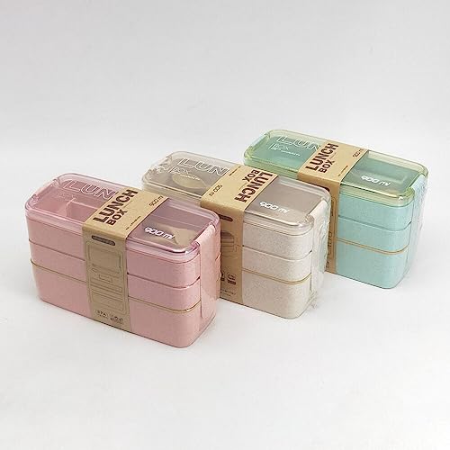 Adult Lunch Box Square 3 Compartment 900ML Sealed Bento Box 3 Layers All-in-One Stackable Bento Box Containers with Fork Spoon for Home Travel Office Plastic Lunch Box (Green)