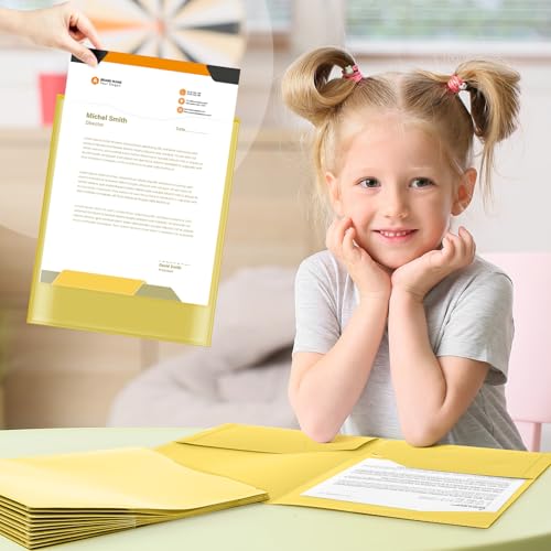 Henoyso 24 Pack Take Home Folders with 2 Pockets and Tabs, Plastic Classroom Communication Homework Folder School-to-Home with Clear Front Pocket for Students Parent Teacher Connector (Yellow) - color: Yellow
