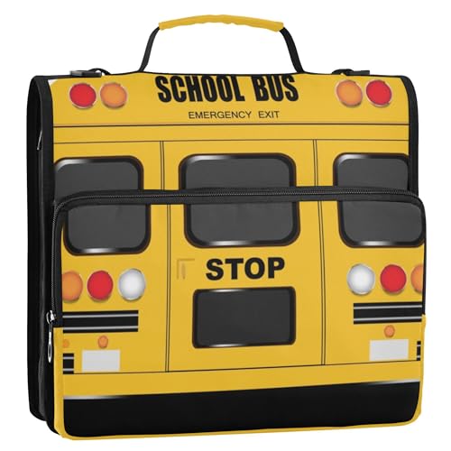 Fisyme School Bus Zipper Binder 3 Ring with Zipper and Shoulder Strap Large Capacity Multi-Pocket Zipper Binder Organizer - color: Multi-cute Yellow