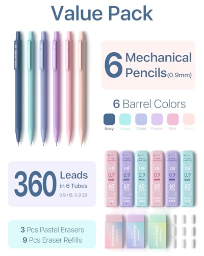Four Candies Cute Mechanical Pencil Set, 0.9mm Bold Point, 6-Count Pack | 360 HB/2B Leads, 3 Erasers, 9 Eraser Refills, Storage Case, Triangular Grip, for Heavy Writing & Sketch - style: 6PCS 0.9 mm