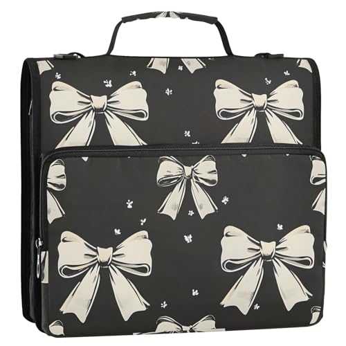 3 Ring Zipper Binder with Shoulder Strap Black White Bow 1.5 inch Binders Keeper Large Capacity Multi Pockets for School Office Supplies - color: Multi387, size: Fit 500 Sheets