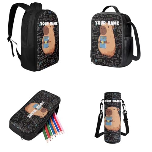 Personalized Pencil Case Capybara Backpacks for Boys Lunch Box Custom Name Bookbag and Water Bottle Holder 4 PCS Set, 3rd Grade Boys Backpack Accessories Sets for Kids Back to School - color: Cool Capybara-custom