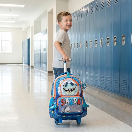 Kids Rolling Backpack for Boys Shark Trolley Suitcases Luggage with Wheels Bookbag Wheeled 3pcs Preschool Students Elementary Teenagers Lunch Box Pencil Case Blue for Age 5-10 - color: Blue-0201-shayu