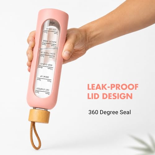 32 OZ Glass Water Bottles, Borosilicate Glass Bottle with Time Marker, 1 Liter Leak Proof Reusable BPA Free Motivational Water Bottles with Silicone Sleeve and Bamboo Lid (Pink) - color: Pink