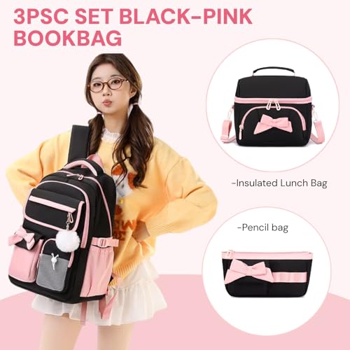Girls School Backpack with Lunch Box Pencil Case Set, Cute Middle School Bag Teen Girls Backpack Bookbag for Kids, 3pcs Black Pink - color: 3pcs Black-pink