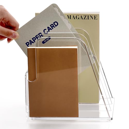 SANRUI Desk Organizer Clear Acrylic Desk Magazine File Holder with 3 Vertical Sections Magazine Rack File Organizer for Office, Home, School - size: B5,3-Section
