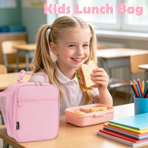 FlowFly Kids Lunch box Insulated Soft Bag Mini Cooler Back to School Thermal Meal Tote Kit for Girls, Boys, Pink - color: Pink