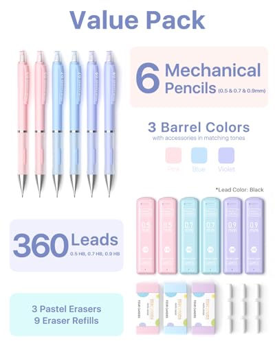 Four Candies Cute Pastel Mechanical Pencil Set, 0.5/0.7/0.9mm, 6 Pack | 360 Lead Refills, 3 Erasers, 9 Eraser Refills, Storage Case, Non-Slip Grip, Fine to Bold Lines for Writing & Drawing - style: 0.5mm+0.7mm+0.9mm