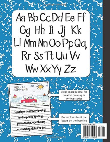 Composition book primary journal draw top lines bottom: Hand writting practice book 8.5x11 with dotted lines and drawing area, Primary composition ... K-2 and elementary, homeschool supplies
