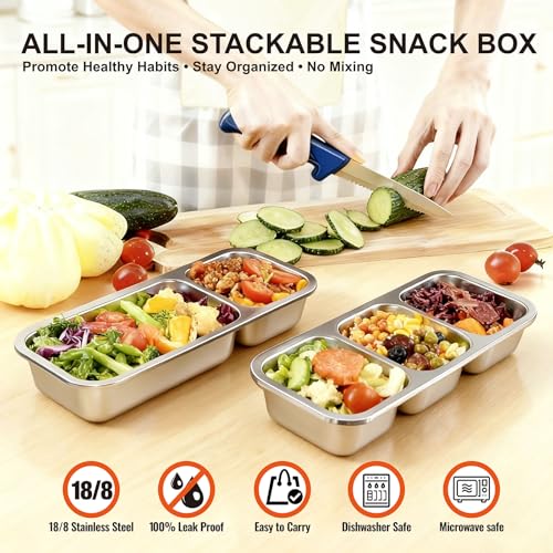 Upgraded Snackle Box Containers 2-Pack, Leak-Proof Bento Box for Kids & Adults, Reusable Stainless Steel Snack Containers with Lids, Perfect for Lunchables & Snack Packs (2 & 3 Compartment Yellow) - color: 2 & 3 Compartment Yellow