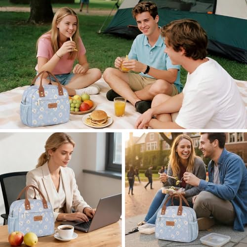 HOMESPON Insulated Lunch Bag for Women Men, Cooler Tote Box, Blue Daisy | Front Pocket, Side Mesh Pockets, Reusable, for Work, Picnic, Food Container - color: Blue Daisy
