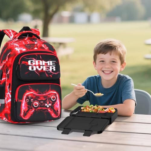Bevalsa Kids Backpack for Boys with Bento Lunch Box, Insulated Bag & Utensils, 43oz Lunch Containers, Gamer Backpack School Bags for Elementary Middle School Student (Red Lightning) - color: Red Lightning