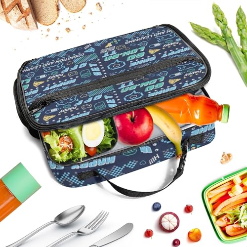 WOBAGMEN Game Lunch Box for Kids, Cute Insulated Lunch Bag for Boys Girls,Waterproof Lunch Box with Water Bottle Holder for Teens Adults Picnic Travel Back to School (Happy Game) - color: Happy Game