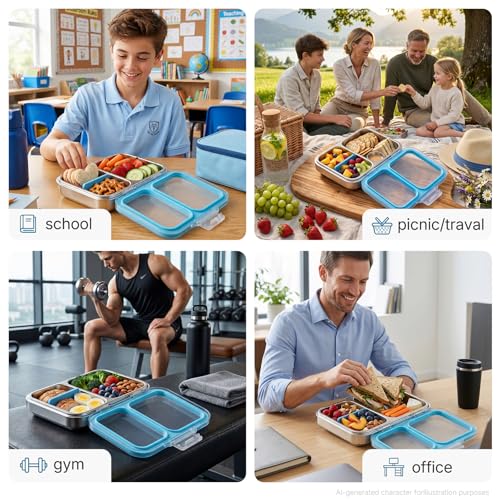 Leak-Resistant 18/8 Stainless Steel Bento Lunch Box Kids 7+ and Adults | 2 Swappable Style Accessories, BPA-Free Tritan Lid, Dishwasher Safe, School, Office & Travel - color: Blue