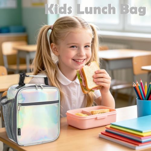 FlowFly Kids Lunch box Insulated Soft Bag Mini Cooler Back to School Thermal Meal Tote Kit for Girls, Boys(Holographic) - color: Holographic