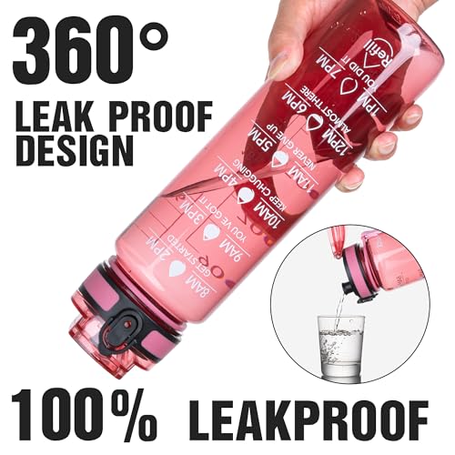 OLDLEY Water Bottle, 32oz Motivational Sports Water Bottle with Time Marker - Times to Drink - Tritan, BPA Free, Wide Mouth Leakproof,Clear Red - color: Clear Red