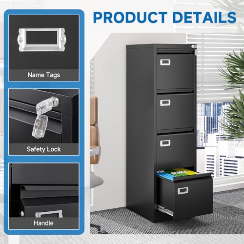 BYNSOE 4 Drawer File Cabinet with Lock Metal Vertical File Cabinet Office Home Vertical File Cabinet for A4 Legal/Letter Size Narrow File Cabinet Locked,Assembly Required (Black, 4 Drawers- Vertical) - color: Black, size: 4 Drawers