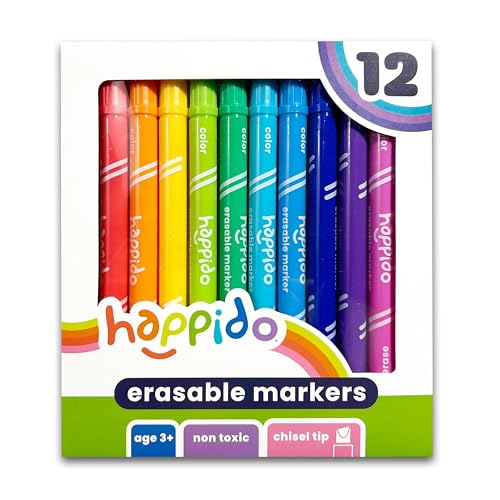 International Arrivals Double Sided Erasable Marker Sets for Kids Happido, Set of 12 Chisel Tip Non Toxic Markers, Great School Supplies, Art and Stationery Set - style: 12 Count - Erasable Double Ended