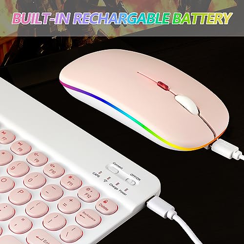 Bluetooth Keyboard and Mouse Combo for iPad - Rechargeable Wireless Keyboard & Mouse with 7-Color Backlit Compatible with iPad 9th/8th Gen, iPad Pro/Air/Mini, iPhone14/13/12 Pro, Round Keys Pink - color: pink
