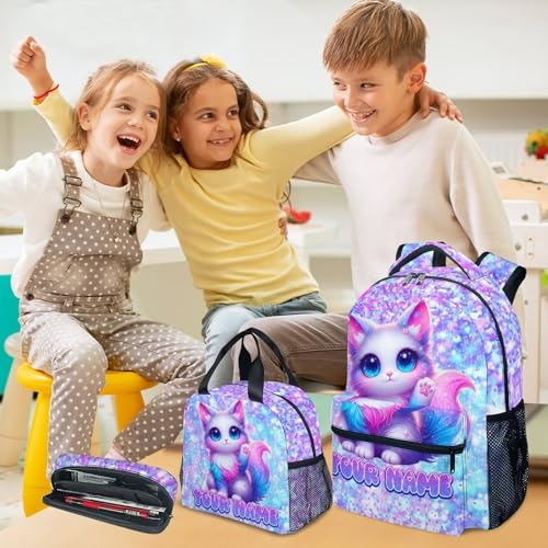 COZYAURA Cat Backpack for Girls Personalized with Name - 3-Piece School Bag Set with Insulated Lunch Box & Pencil Case for Kindergarten & Elementary Students - color: White