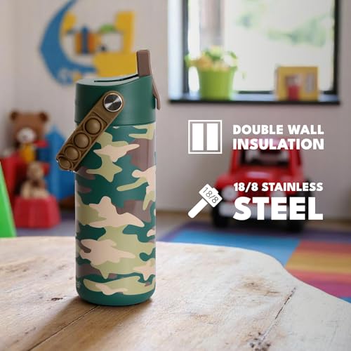 Elemental 100% Leak Proof When Spout is Closed Insulated Kids Water Bottle, Stainless Steel Bottle for School with Straw Lid & Pop-It Handle, Skater Dinos & Green Camo -18oz (2 Pack) - color: Dinos & Green Camo