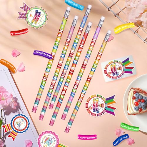 296 Pcs Birthday Pencils Set: 48 Happy Birthday Pencils, 48 Wristbands, 200 Badge Stickers for Teacher, Classroom, Party Supply