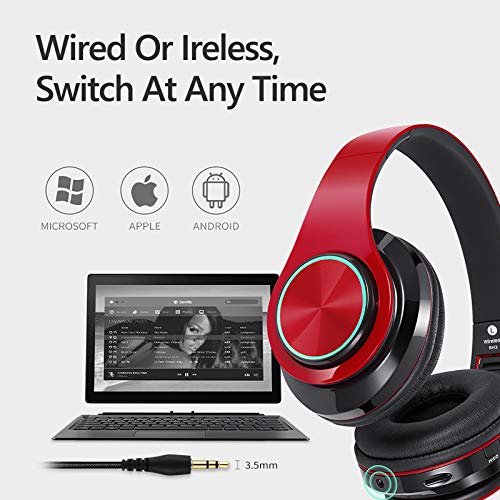 Bluetooth Over Ear Headphones, Colorful LED Lights Deep Bass Headphones with Microphone, Lightweight Wired and Wireless Foldable HiFi Stereo Headphones for Classroom/Home Office/Mobile Phone (Red) - color: Red Black