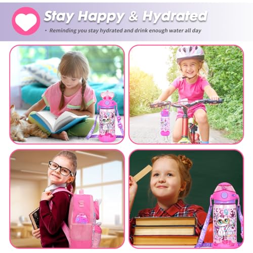 Kids Water Bottle with Straw/Lanyard for School Kids Girls Boys, 22oz BPA Free Child Drinking Water Bottle One-Click-Open Leak-Proof Locking Flip Lid for School Sport Travel - color: Cat