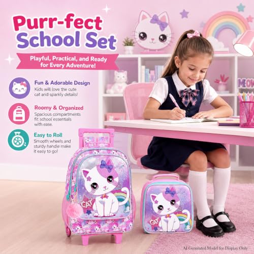 gxtvo Girls Rolling Backpack, Cute Cat Roller Wheels Kids Bookbag - Wheeled Elementary School Bag - 3PCS Cat - color: Uv Printing White Cat Rolling Backpack