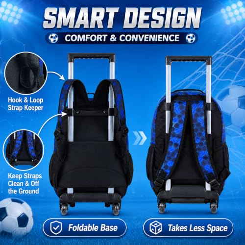 AGSDON 3PCS Rolling Backpack for Girls and Boys, Kids Roller Wheels Bookbag, Wheeled Elementary School Bag with Lunch Bag - color: Football Roller