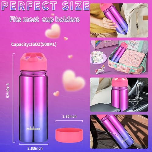 Mininoo Kids Water Bottle, Girls Water Bottles for School, 16oz Stainless Steel Metal Water Bottle with Straw Lid - color: 16oz Specular Punch/Purple, size: 16 Ounces