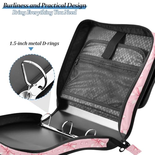 Zipper Binder Bag 3 Ring File Folder Portfolio Organizer Zippered Binder Bags with Strap Fits Laptop Women Men - color: 22-pink Ribbon Bow